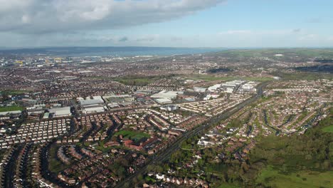 Aerial-flyover-of-east-Belfast-from-the-countryside-looking-towards-the-city-centre-or-center