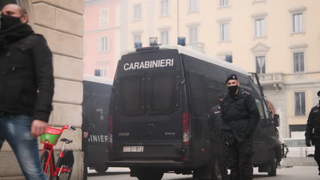 Carabinieri-In-Masks-On-Guard-In-Milan,-Italy-During-Protest-Against-Restrictive-Measures-To-Fight-Coronavirus-In-Milan,-Italy