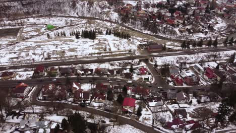 Aerial-Shot-With-Small-Mountain-Village-Houses-Seen-From-Above