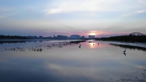 Wunderschöne-Sonnenuntergangskulisse-Am-Rand-Des-Ufers---Totale