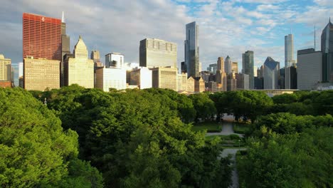 City-Park-Green-Tree-Tops-Chicago-Urban-Skyline-Aerial-Drone