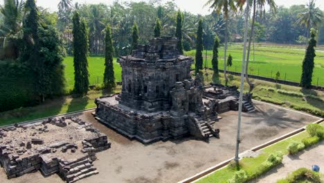 Partly-restored-ancient-Ngawen-temple-in-Muntilan-Indonesia,-aerial-view