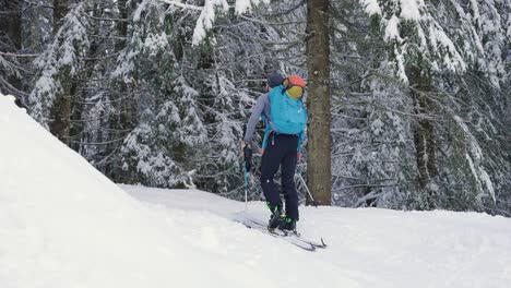 Skier-man-alone-walking-through-enchanted-frozen-forest
