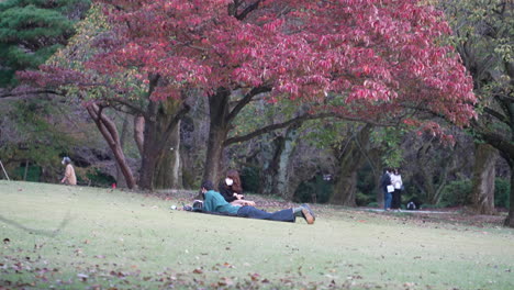Paar,-Das-Eine-Schützende-Gesichtsmaske-Trägt,-Die-Während-Einer-Pandemie-In-Tokio,-Japan,-Auf-Gras-Unter-Einem-Baum-Im-Nationalgarten-Shinjuku-Gyoen-Liegt-Und-Sich-Entspannt