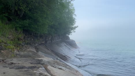 Rocky-Coast-on-Foggy-Day-With-Trees-Munising-Michigan-Lake-Superior-Pictured-Rocks-National-Lakeshore