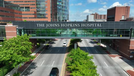Johns-Hopkins-Hospital-rising-aerial-shot-of-famous-research-teaching-hospital-in-USA