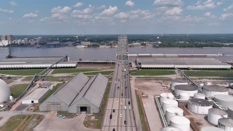 Aerial-of-cars-driving-over-the-Horace-Wilkinson-Bridge-in-Baton-Rouge,-Louisiana