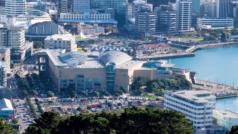 Overlooking-New-Zealand's-Te-Papa-Museum-and-a-busy-Wellington-waterfront-and-buildings-in-the-capital-city-from-above-at-the-Mt-Vic-lookout-point