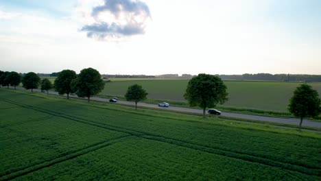 Side-view-of-cars-driving-on-scenic-rural-road