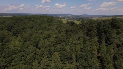 Aerial-footage-of-fields-and-thick-deciduous-trees-in-the-countryside-of-west-germany-in-summer
