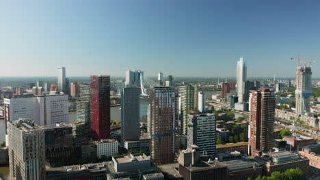 Downtown-Cityscape-Of-Rotterdam-With-High-rise-Buildings-In-The-Netherlands---aerial-drone-shot