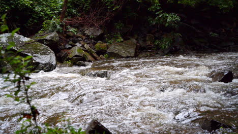 Agua-Corriendo-Sobre-Rocas-En-Un-Arroyo-Inundado-En-Un-Día-Lluvioso