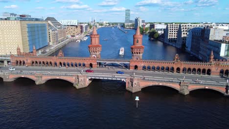 Famous-bridge-connecting-East-and-West-Berlin
Gorgeous-aerial-view-flight-pedestal-down-drone-footage-of-Oberbaumbrücke-Friedrichshain-sunny-Summer-day-2022