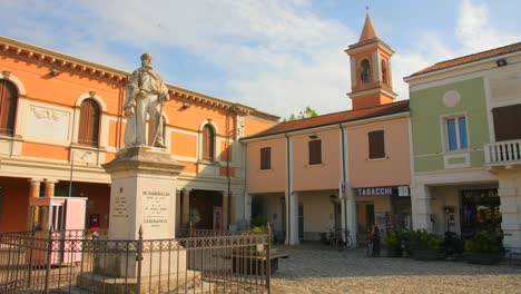 Static-shot-of-Giuseppe-garibaldi-monument-in-the-beautiful-empty-town-square-in-cesenatico-along-the-adriatic-coast-of-Italy-at-daytime