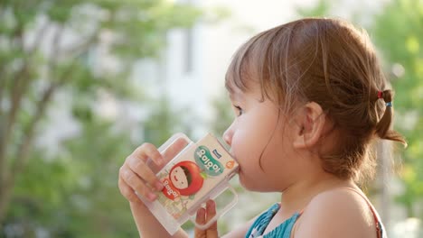 Primer-Plano-De-La-Cara-De-Un-Adorable-Niño-Bebiendo-Jugo-De-Yomi-Al-Aire-Libre