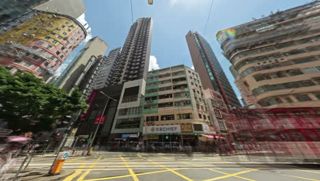 Public-transport-and-pedestrian-activity-time-lapse-in-Wan-Chai-Road,-Hong-Kong