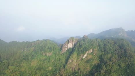 Luftpanoramaaufnahme-Von-Waldbäumen,-Die-Auf-Der-Bergspitze-Des-Menoreh-hügels,-Indonesien,-Wachsen