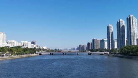Sunny-day-of-urban,-bridge-of-Shing-Mun-River,-Shatin-Hong-Kong-China,-2018