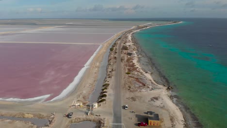 Flying-over-the-pink-salt-flats-of-Bonaire-contrasted-with-the-turquoise-ocean-along-the-road