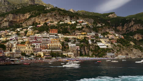 View-of-Positano,-Italy-from-a-boat