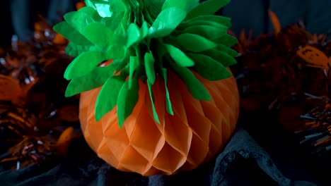 Halloween-3D-pumpkins-paper-art-and-hanging-decoration,-sales-promotion-layout,-design-background-scene