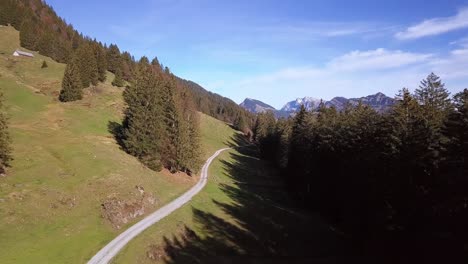 Following-a-tiny-dirt-road-on-a-sun-drenched-fall-valley-near-Toggenburg,-Switzerland,-aerial-track