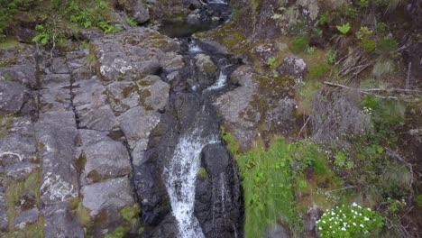 Madeira,-Portugal---Klares-Wasser-Aus-Dem-Strom,-Der-Zu-Den-Spektakulären-Wasserfällen-Fließt,-Umgeben-Von-Grünen-Pflanzen---Luftdrohnenaufnahme