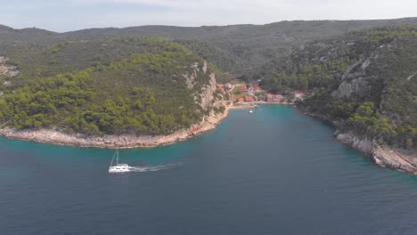 Sailing-on-Adriatic-Sea-on-Dalmatia-Island-Coastline-in-Croatia,-Aerial