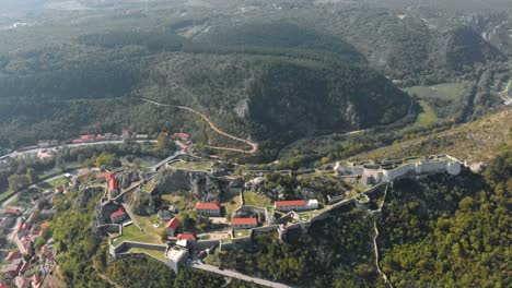 Historic-Hilltop-Village-in-Beautiful-Croatia-Landscape---Aerial-Overhead