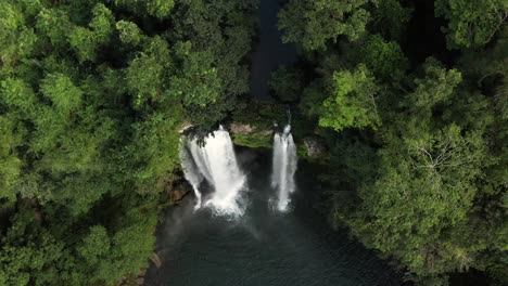 High-aerial-birds-eye-view-of-Misol-Ha-waterfall-in-Mexico