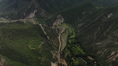 Huasca-river-running-through-Mexican-lush-green-valley-patterned-landscape-aerial-view-birdseye