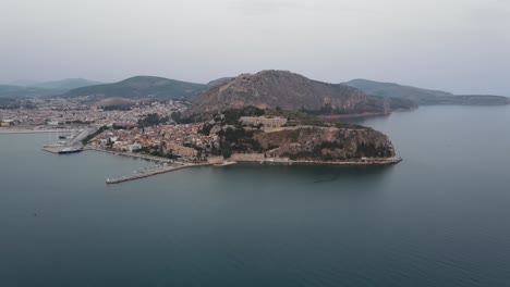 Aerial-view-of-Nafplio-harbor-and-townscape,-Greece