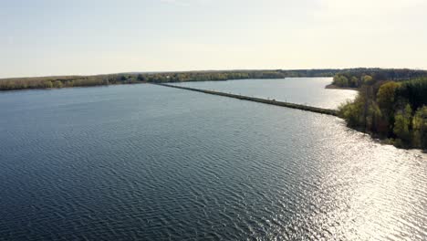 An-overhead-aerial-shot-of-the-Mountsberg-Reservoir,-which-is-located-in-Puslinch,-Ontario