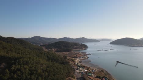 Aerial-view-of-coastal-citycape-of-Namhae,-South-Korea