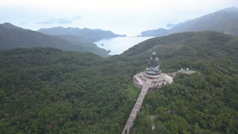 Aerial-View-Of-Tian-Tan-Buddha-At-Ngong-Ping,-Lantau-Island-In-Hong-Kong