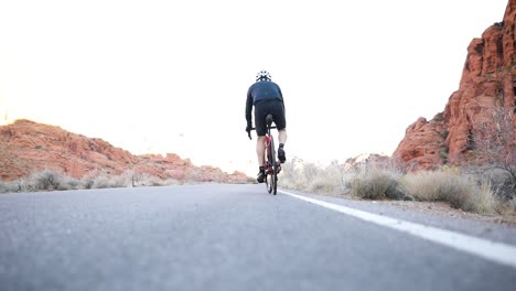 Rückansicht-Des-Sportlichen-Mannes,-Der-Auf-Dem-Rennrad-Auf-Der-Wüstenstraße-In-Utah-Radelt