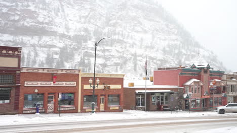 Downtown-Ouray,-Colorado-USA,-Switzerland-of-America-on-Snowy-Winter-Season,-Pan-Right