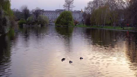 Buckingham-Palace-Vom-St.-James&#39;s-Park-Lake-Mit-Flagge-Auf-Halbmast-Für-Den-Tod-Von-Prinz-Philip,-Herzog-Von-Edinburgh,-Samstag,-10.-April-2021---London,-Großbritannien