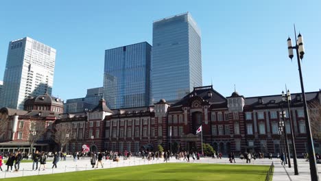 Tokyo-Station,Tokyo,Japan:-Landscape-view-infront-of-Tokyo-Train-Station-Courtyard-Area-with-many-tourist-people-in-winter-daytime