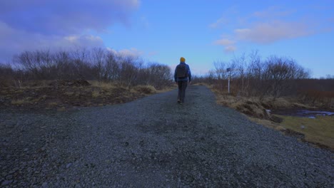 Rückaufnahme-Eines-Erwachsenen-Mannes,-Der-Bei-Blauem-Himmel-Und-Sonnenlicht-Auf-Ländlichen-Wegen-In-Island-Wandert