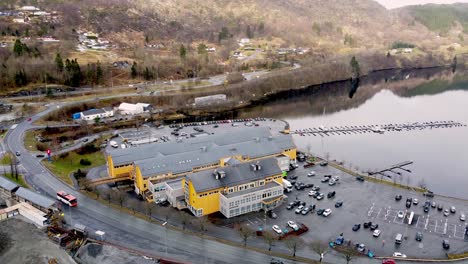 Oyrane-Torg-shopping-centre-with-parking-lot-and-yacht-marina-outside-Bergen---Norway