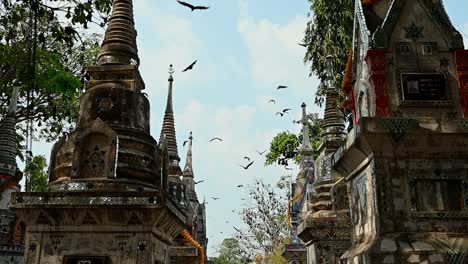 Seen-flying-from-trees-over-a-cemetery-of-Buddhist-Monks-during-a-cloudy-afternoon,-Lyle's-Flying-Fox,-Pteropus-lylei,-Wat-Nong,-Sida,-Saraburi,-Thailand