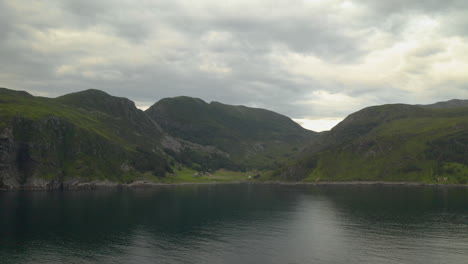Beautiful-Green-Hills-Of-Coastal-Island-Of-Maloy-Norway---wide-shot