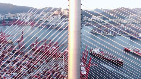 Hong-Kong-bay-Stonecutters-bridge-and-commercial-port,-Aerial-view