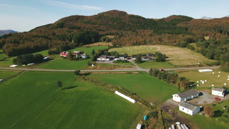 Amazing-Mountain-And-Field-Landscape-Of-Skjerstadfjorden-In-Norway---aerial-shot