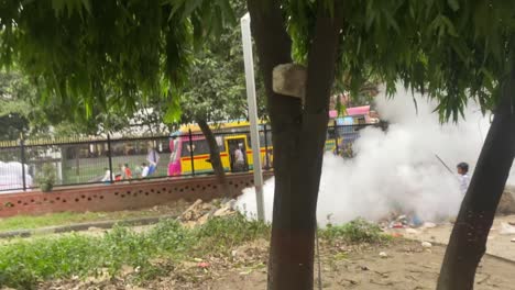 Worker-Spraying-Larvicide-Fog-In-Park,-Dhaka,-Bangladesh