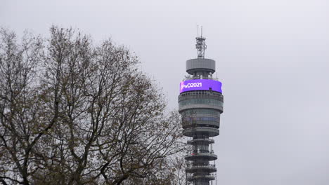 The-iconic-BT-Tower,-formerly-the-Post-Office-Tower,-displays-a-message-highlighting-the-United-Nations-International-Day-of-Persons-With-Disability