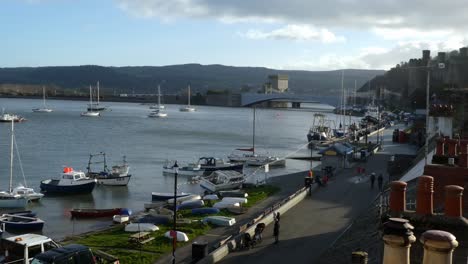 Elevated-view-across-Conwy-medieval-fishing-town-harbour-castle-bridge-estuary