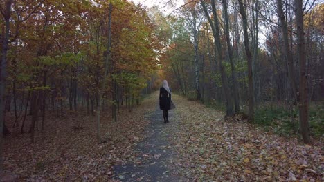 Woman-walking-along-a-path-through-an-alley-of-trees-through-dry-leaves-in-an-autumn-park-in-the-evening