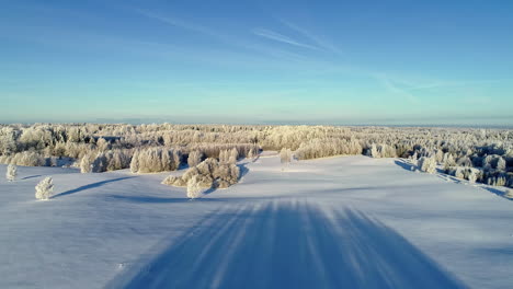 Aerial-backward-movement-shot-over-the-white-snow-covered-idyllic-landscape-with-evergreen-tree-forest-in-wintertime